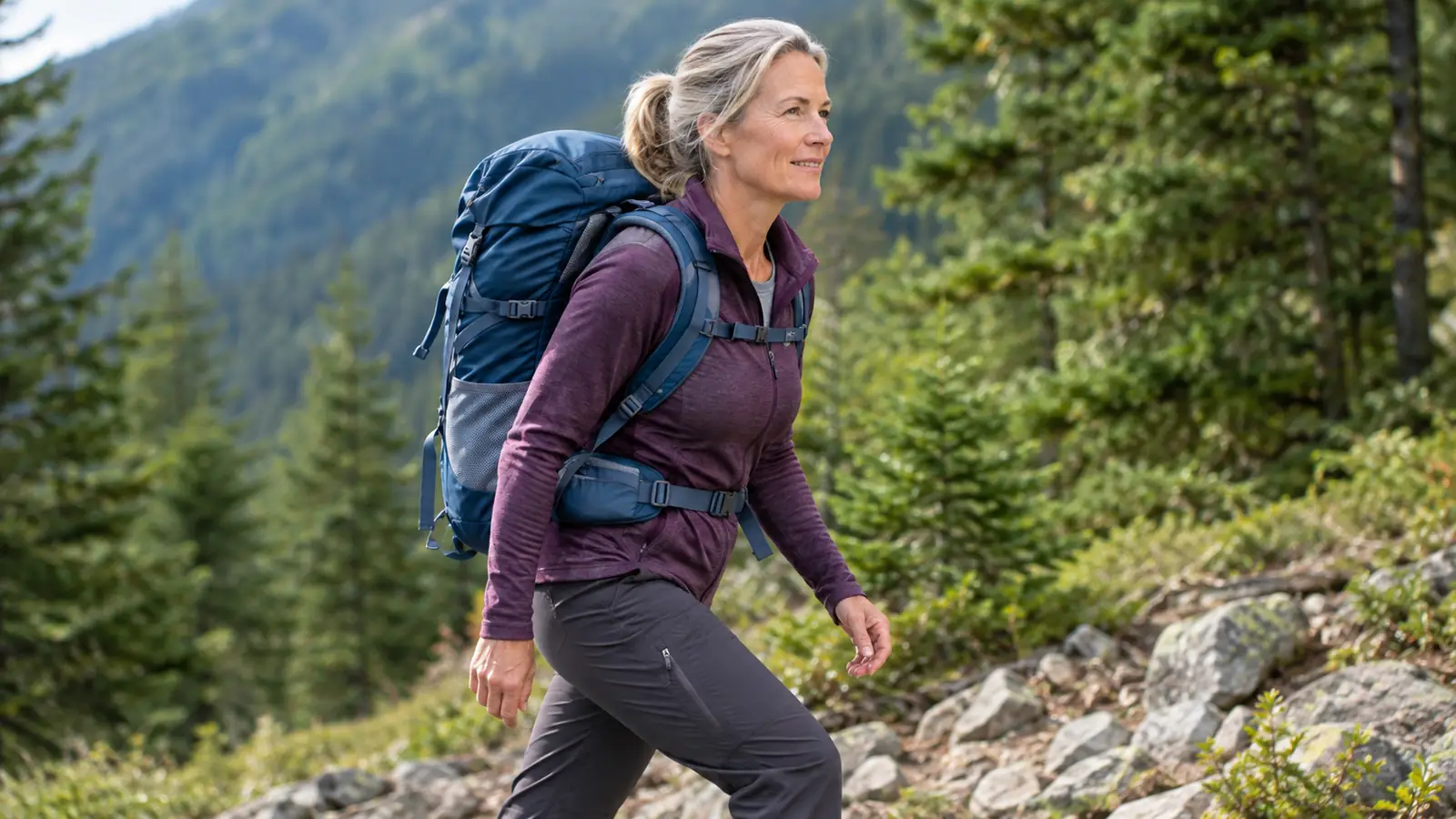 a hiker mid-stride on a rocky trail wearing the Maelstrom 40L backpack