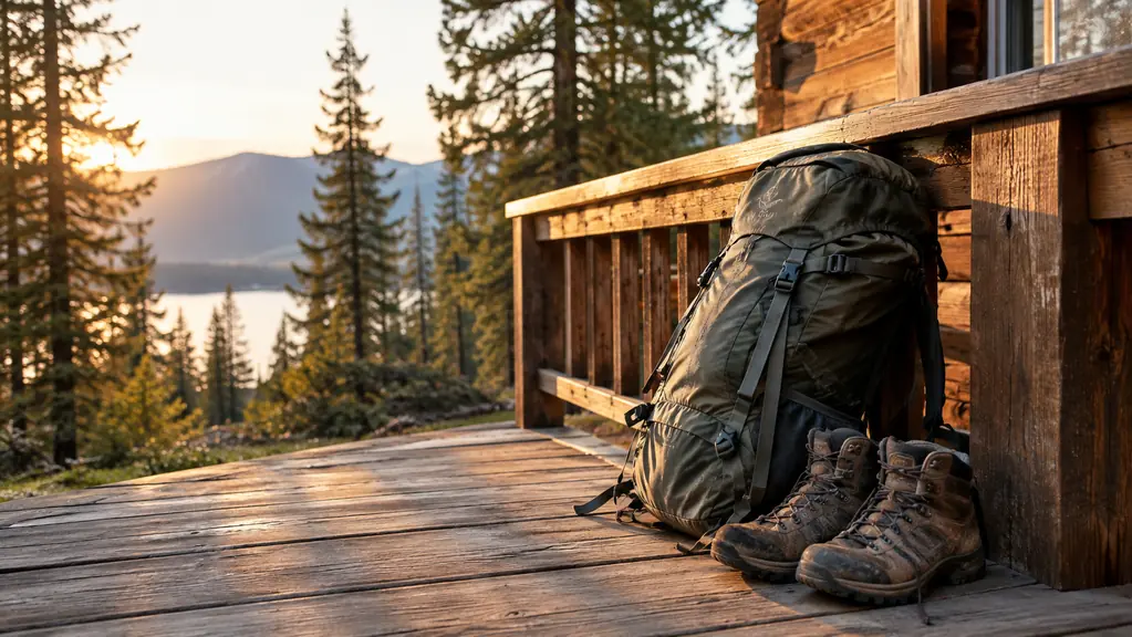 a hiking backpack leaning against a cabin porch railing beside a pair of hiking boots in late afternoon light