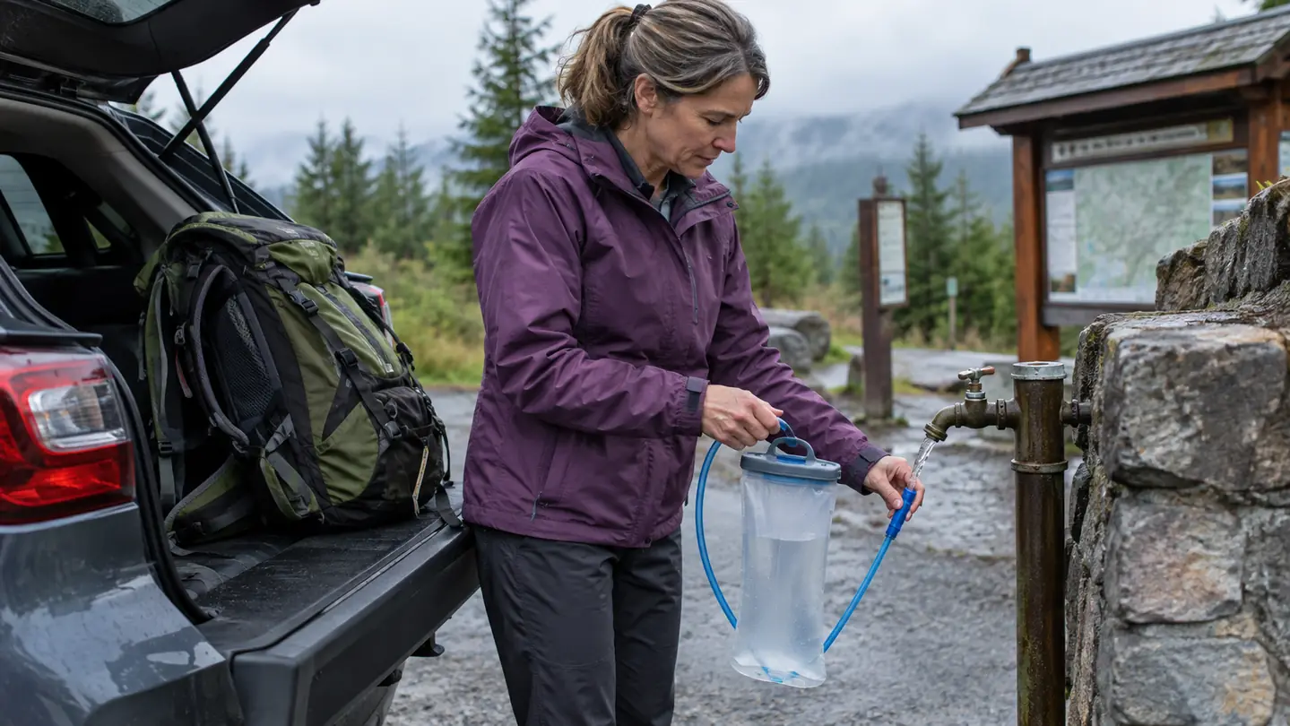 A hiker filling the water bladder of a hydration backpack at a trailhead before a day hike
