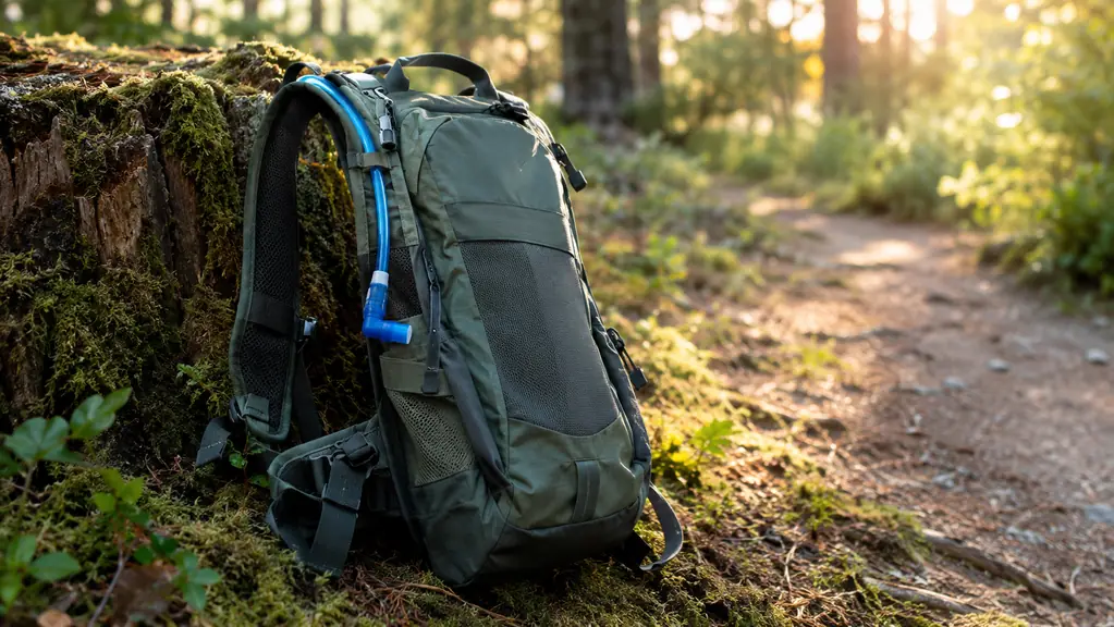 A hydration backpack leaning against a stump with the hose clipped to the shoulder strap