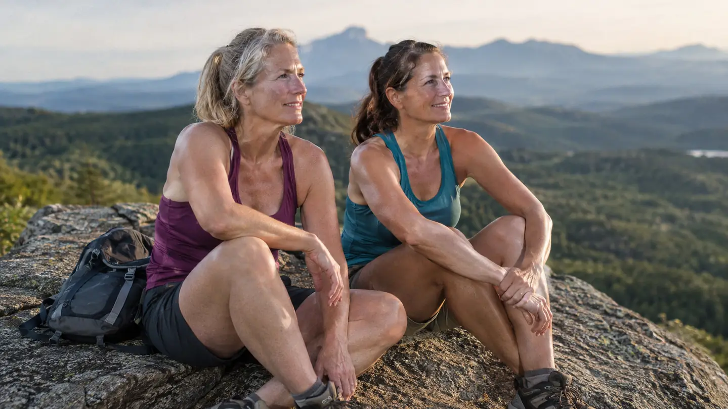 Two hikers resting on a granite overlook with a daypack set on the rock beside them