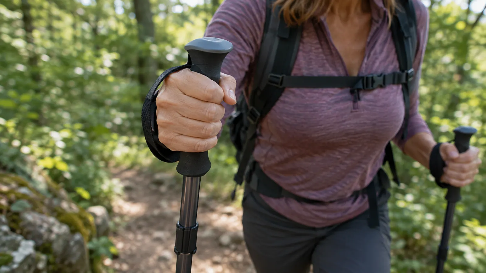 A close view of a hiker's hand gripping a trekking pole handle on a forest trail