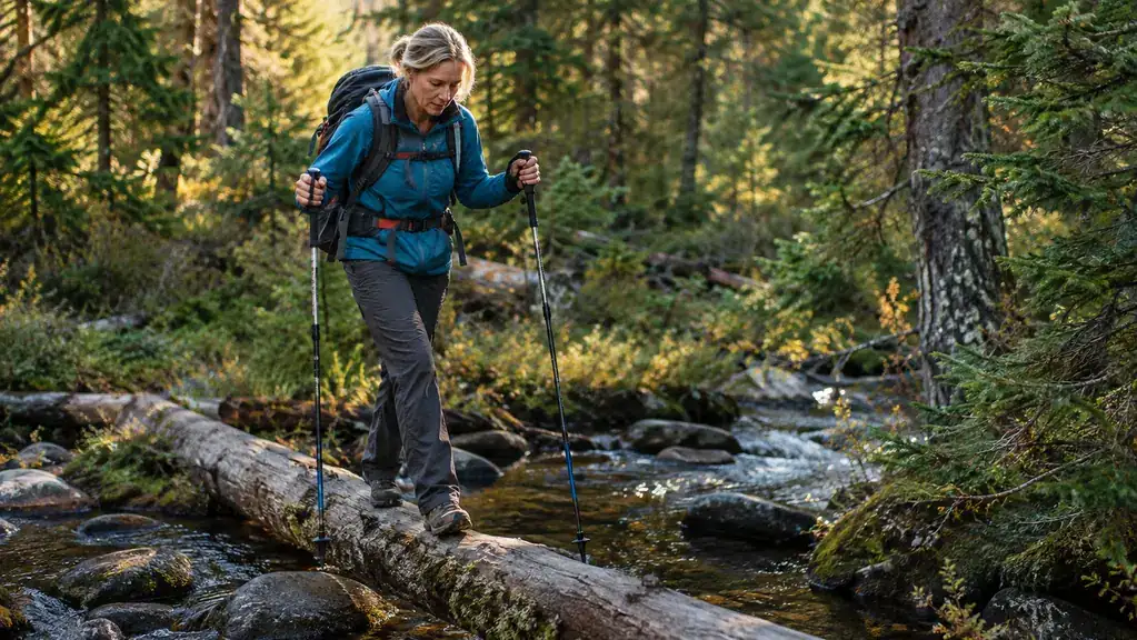 A hiker crossing a stream on a log while using trekking poles for balance