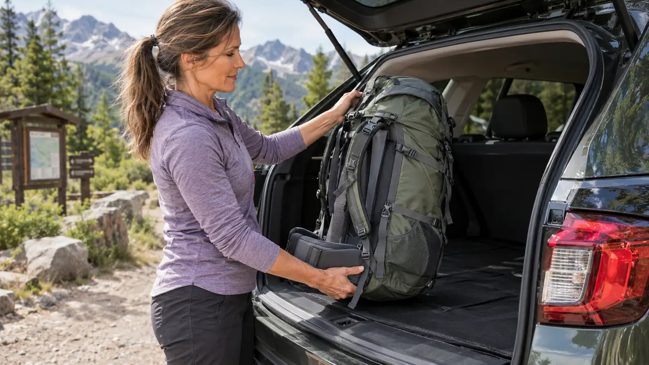 A hiker lifting an internal frame backpack out of the back of a car at a trailhead