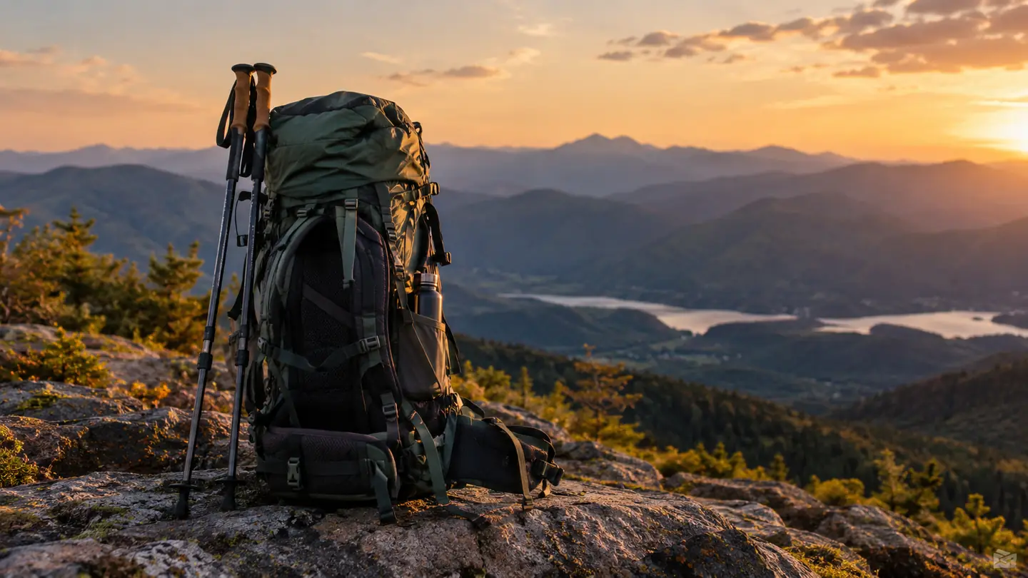 A loaded internal frame backpack standing on a rocky overlook with mountain ridges behind it at sunset
