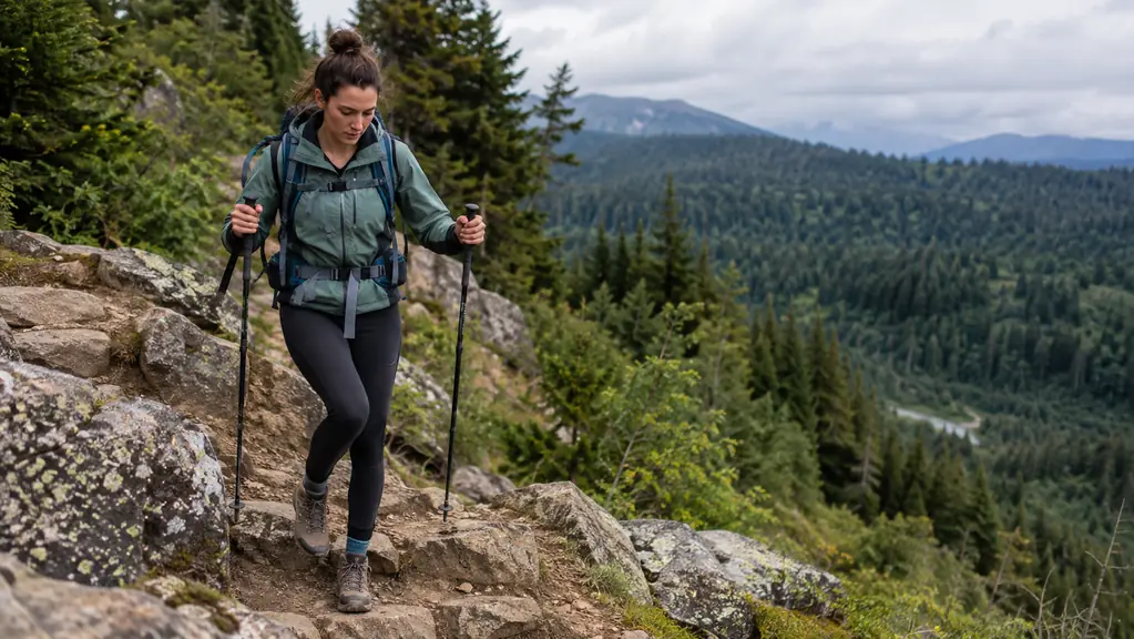 A hiker descending a rocky switchback using trekking poles for balance, forest and valley below