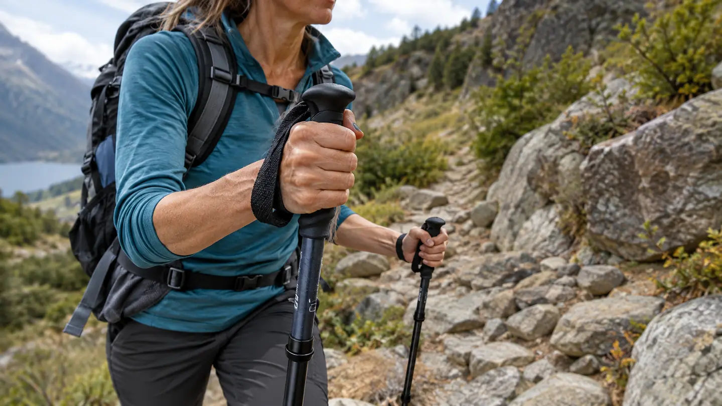 A hiker's hand gripping an extended trekking pole grip on a rocky trail