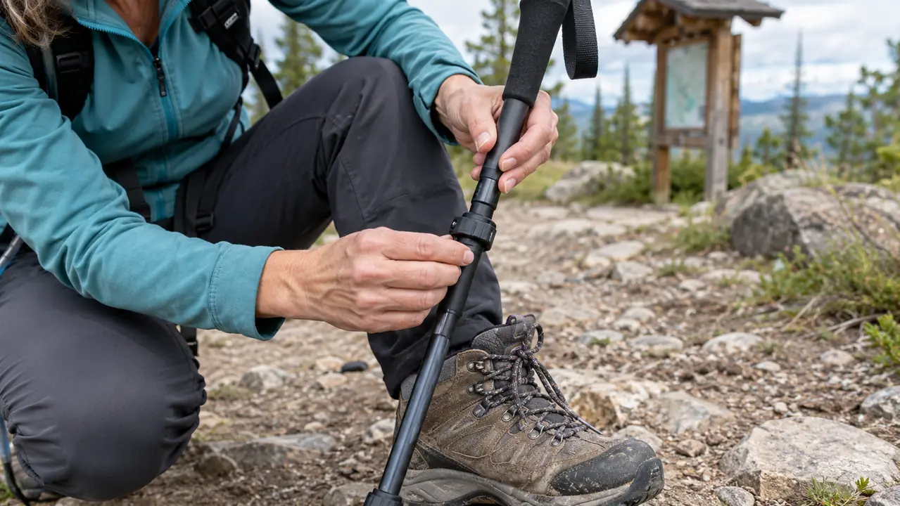 A hiker adjusting the twist lock on a trekking pole at a trailhead