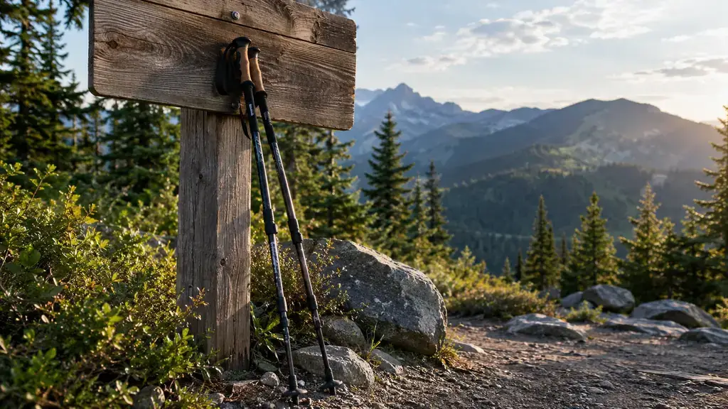 A pair of trekking poles leaning against a wooden trailhead sign at a mountain trailhead in late afternoon light