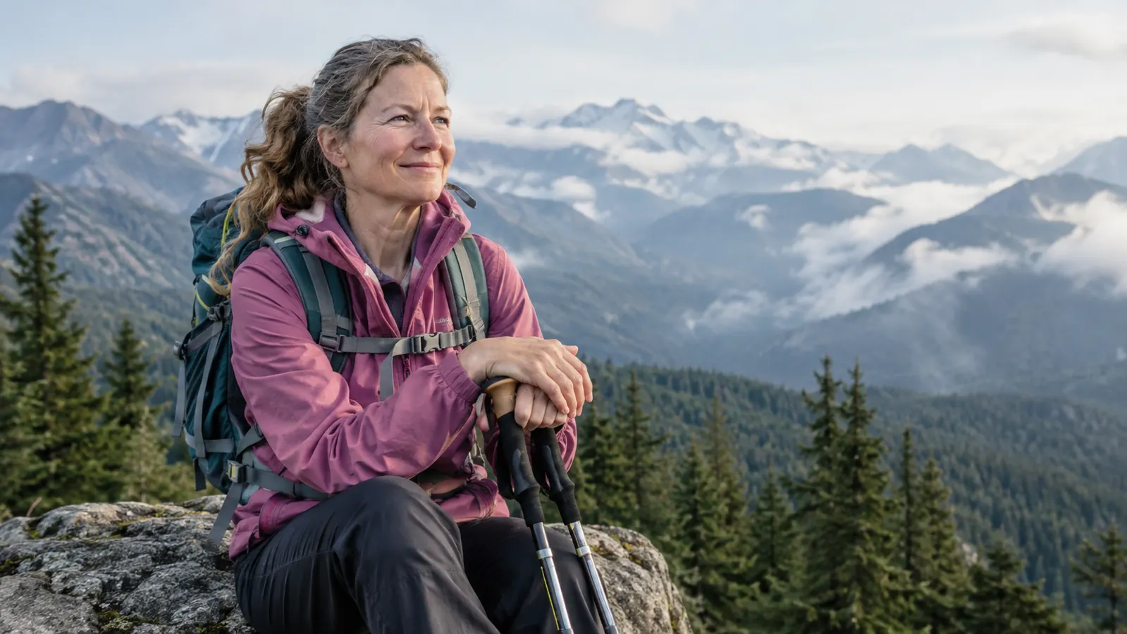A hiker in her fifties with a daypack resting on a rocky overlook above an evergreen valley
