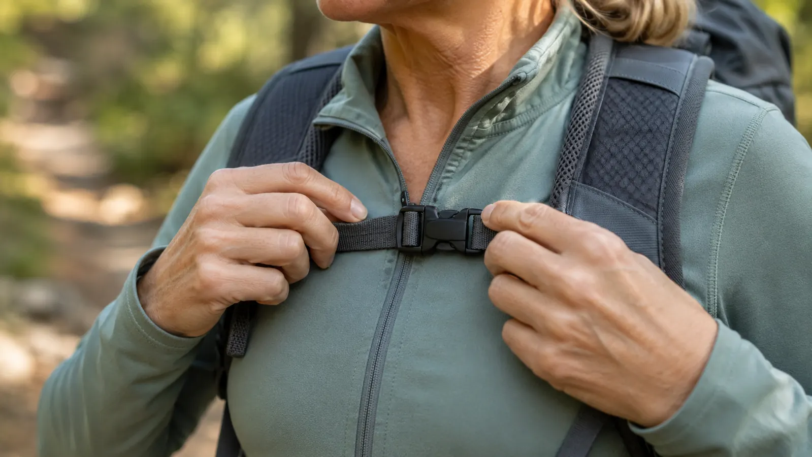 Close view of a hiker's hands adjusting the sternum strap on a hiking backpack