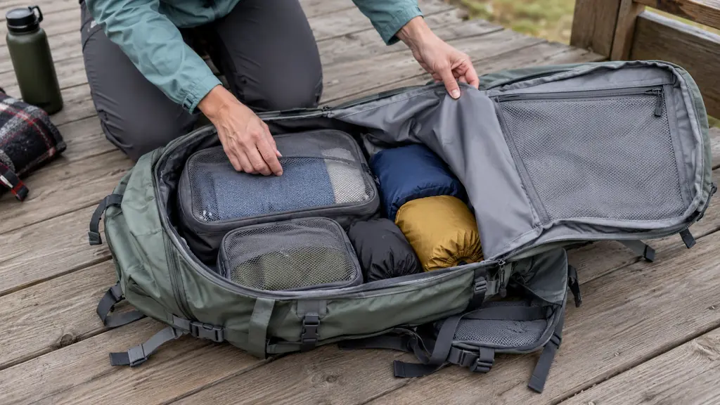 A hiker's hands opening the main compartment of a large backpack laid flat on a porch, stuff sacks visible inside