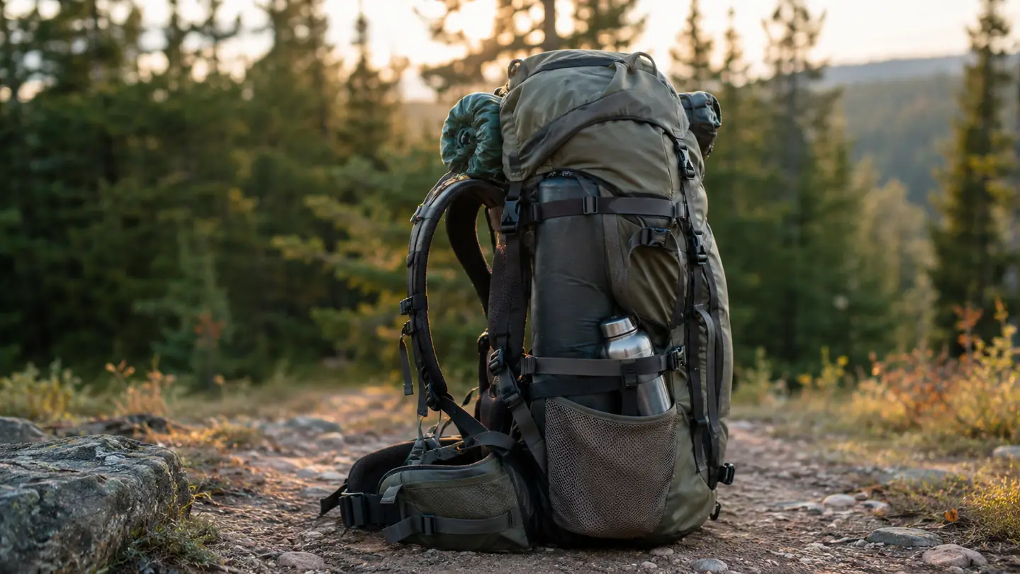 A side view of a loaded backpack standing upright on a trail, compression straps snugged down