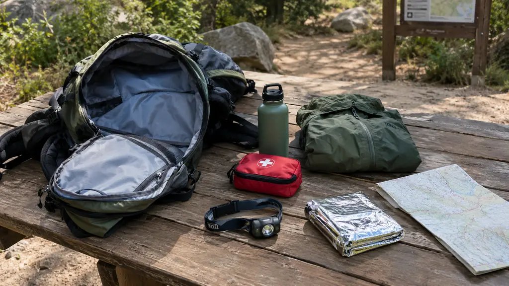 An open hiking daypack on a picnic table with packed gear laid out beside it: a folded rain shell, a water bottle, a first aid kit, a map, and a headlamp.