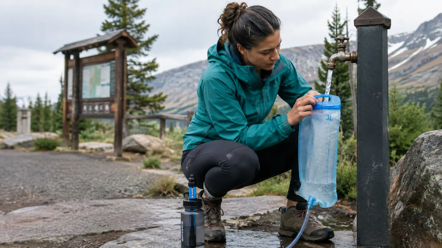 A hiker filling a hydration pack bladder at a trailhead water spigot, with a filter bottle on the ground nearby