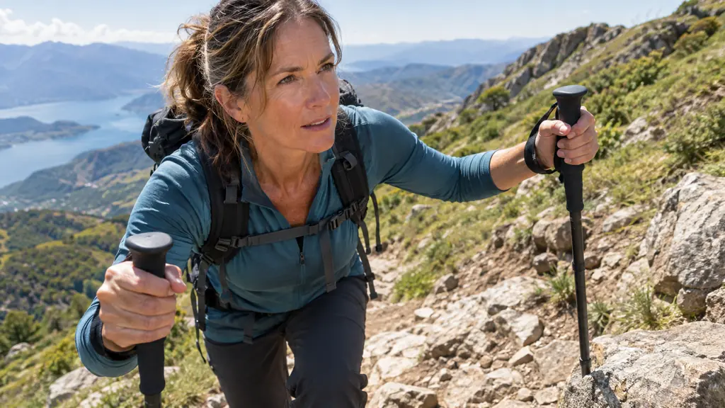 A hiker's hands gripping trekking pole grips on a steep uphill section, one pole planted ahead