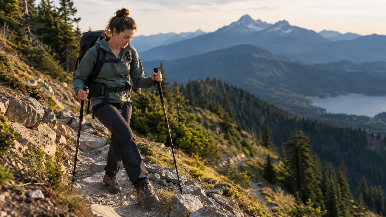 A hiker descending a steep switchback trail with trekking poles, late afternoon light