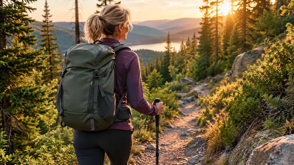 A hiker wearing the backpack walks along a forested trail, seen from behind in afternoon light.
