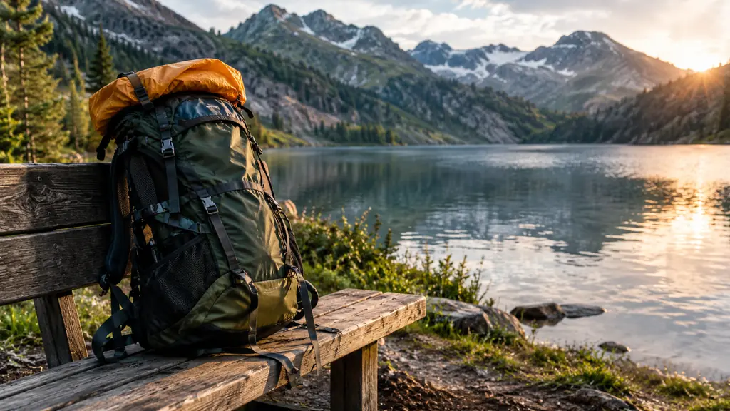 A hiking backpack rests on a wooden bench beside a mountain lake, a rain cover folded on top.