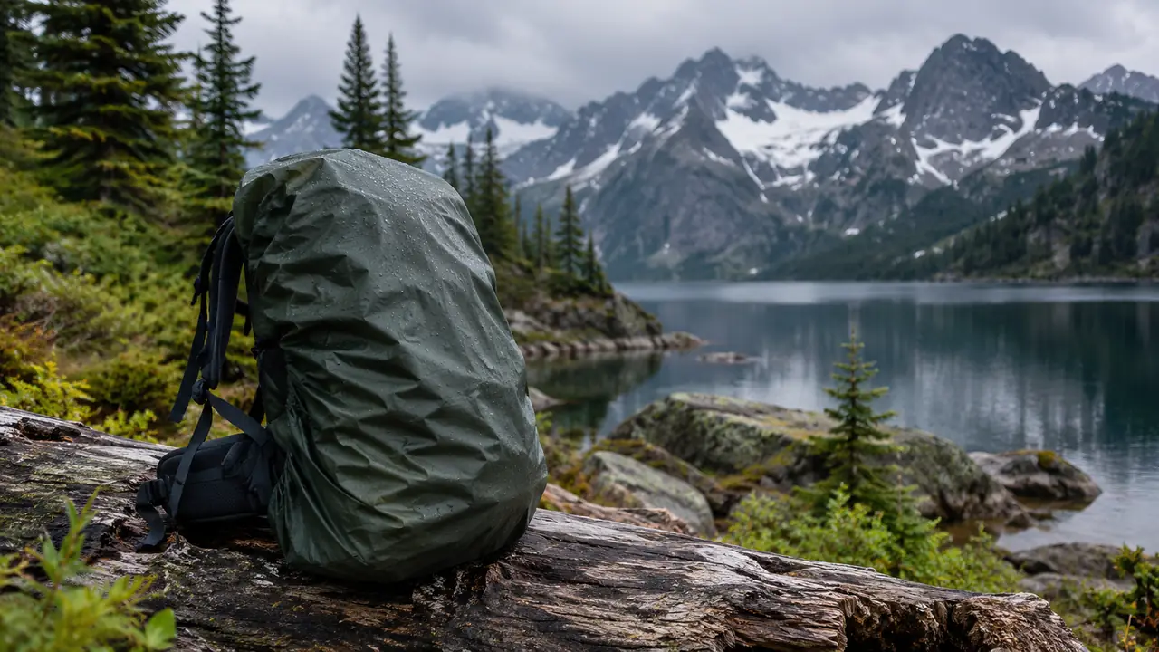 A hiking backpack with its rain cover on, resting on a fallen log beside a mountain lake