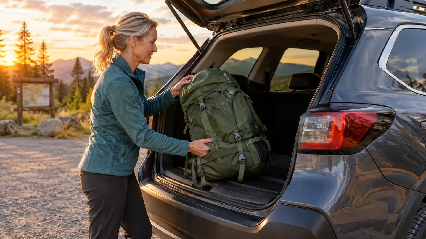 A hiker loading a large hiking backpack into the back of a Subaru Outback at a trailhead parking lot