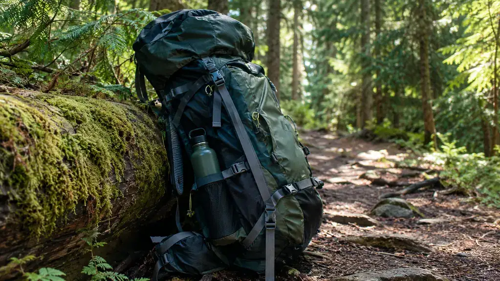 A hiking backpack leaning against a mossy log on a forest trail, water bottle in the side pocket