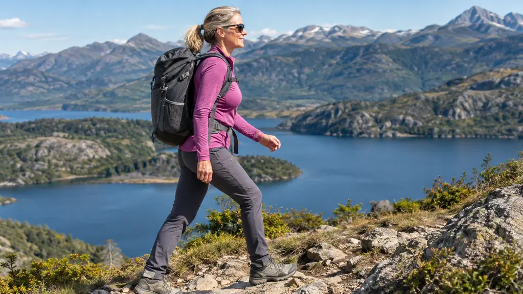 A hiker wearing a 40-liter hiking backpack walks a rocky trail beside a mountain lake, seen from the side
