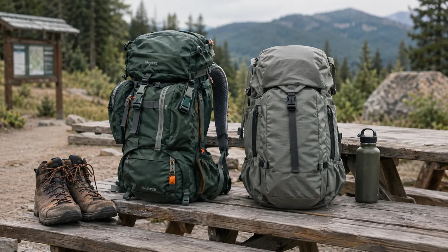 Two 40-liter hiking backpacks of similar size stand side by side on a wooden picnic table at a trailhead, hiking boots and a water bottle nearby