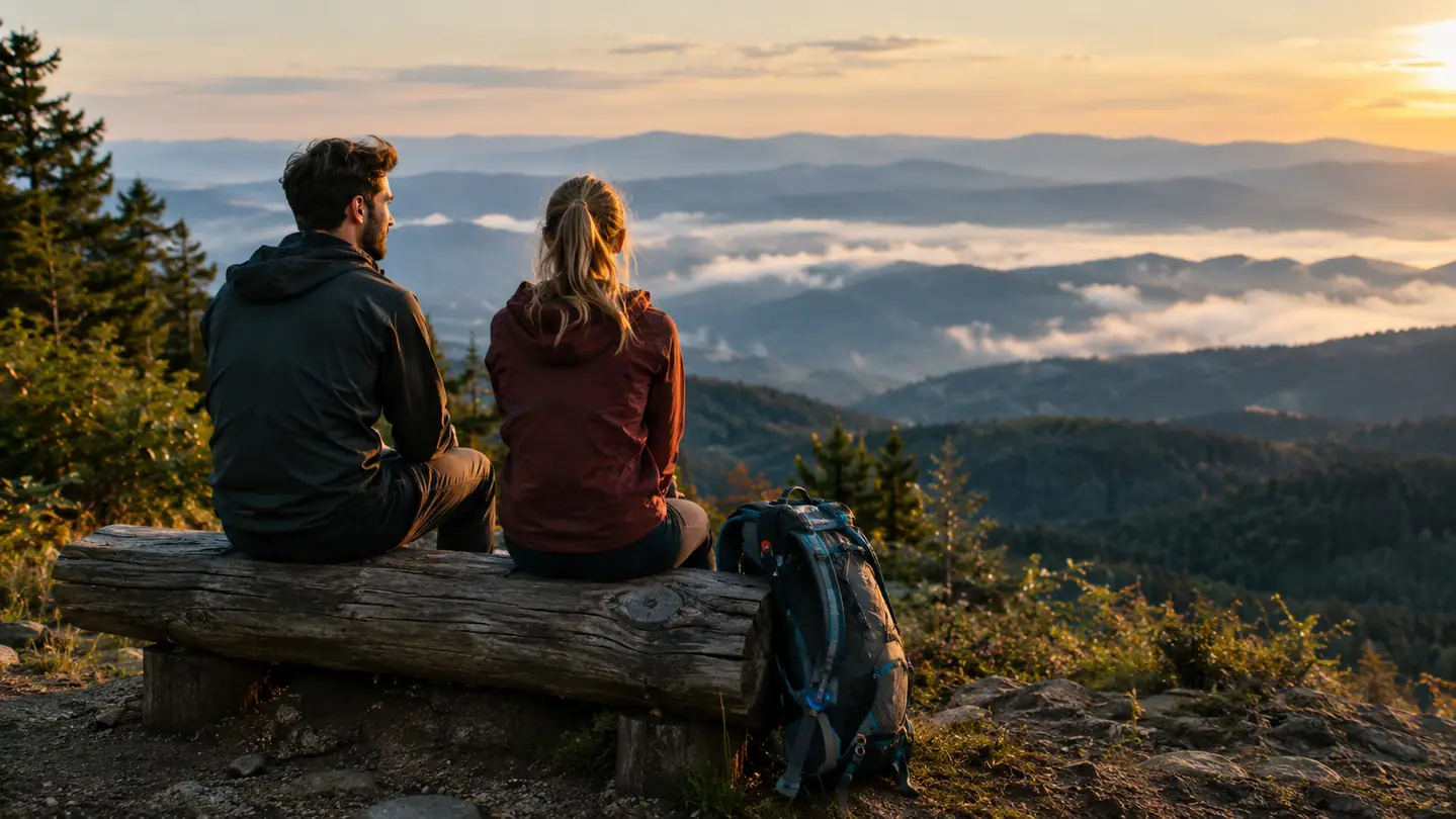 Two hikers resting at a viewpoint with a hydration backpack leaning against a log bench
