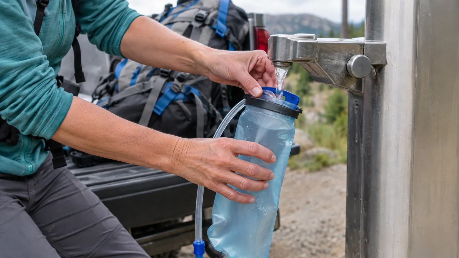 A hand filling a hydration pack bladder at a trailhead water fountain