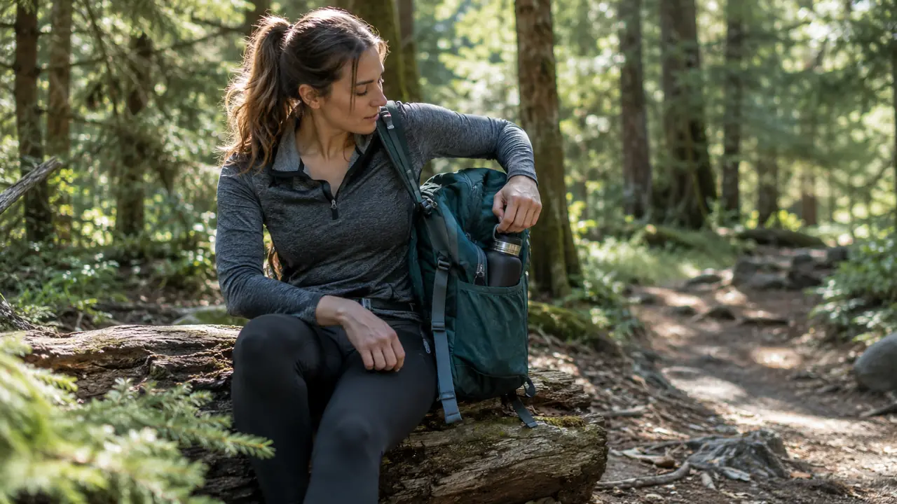 A hiker sitting on a log beside a trail, taking a water bottle out of the side pocket of a hydration pack