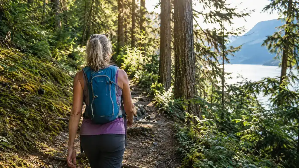A woman in her fifties hiking a forested trail with a hydration pack on her back, viewed from behind in late afternoon light