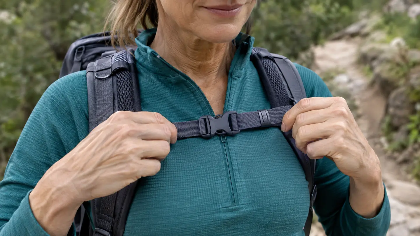 A hiker's hands adjusting the sternum strap of a daypack on a trail