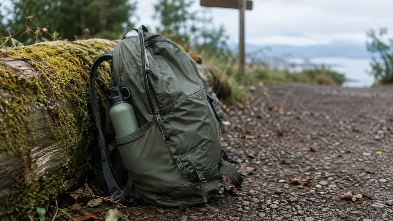 A daypack resting against a log near a trailhead with a water bottle in the side pocket