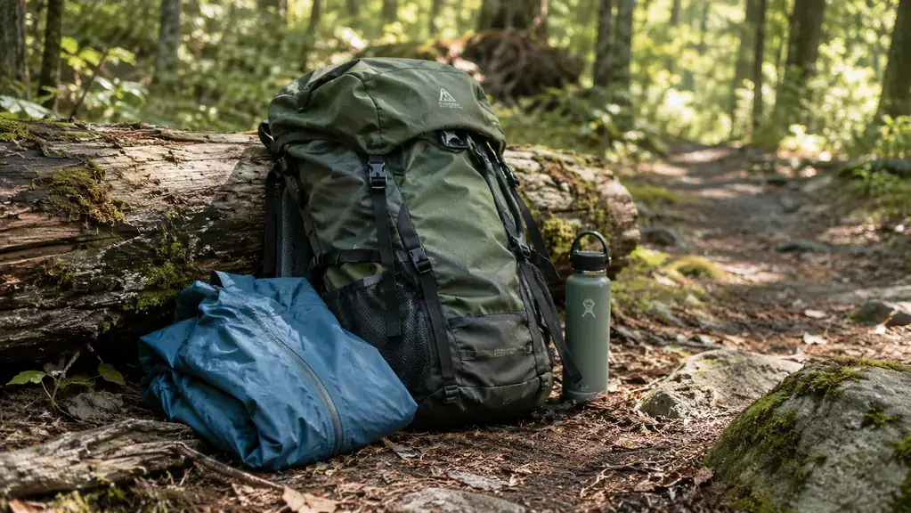 A hiking daypack propped against a fallen log on a forest trail beside a folded rain shell and a water bottle