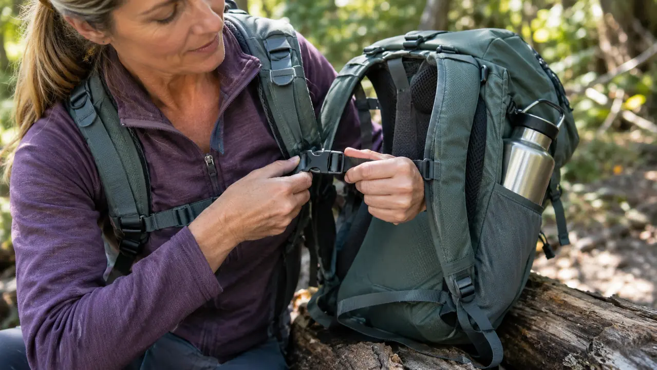 A hiker adjusting the sternum strap of a daypack resting on a log beside a trail, with a water bottle in the side pocket