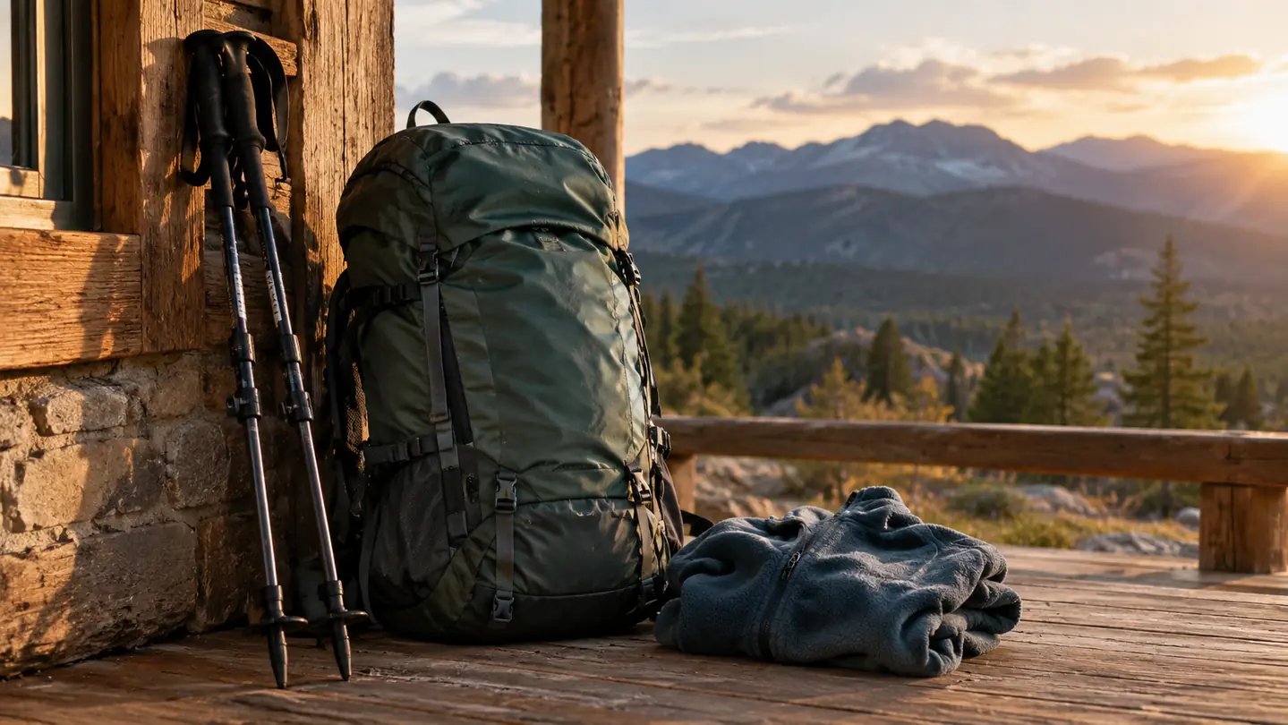 A daypack standing upright on a cabin porch beside trekking poles and a folded fleece, with mountains in the distance