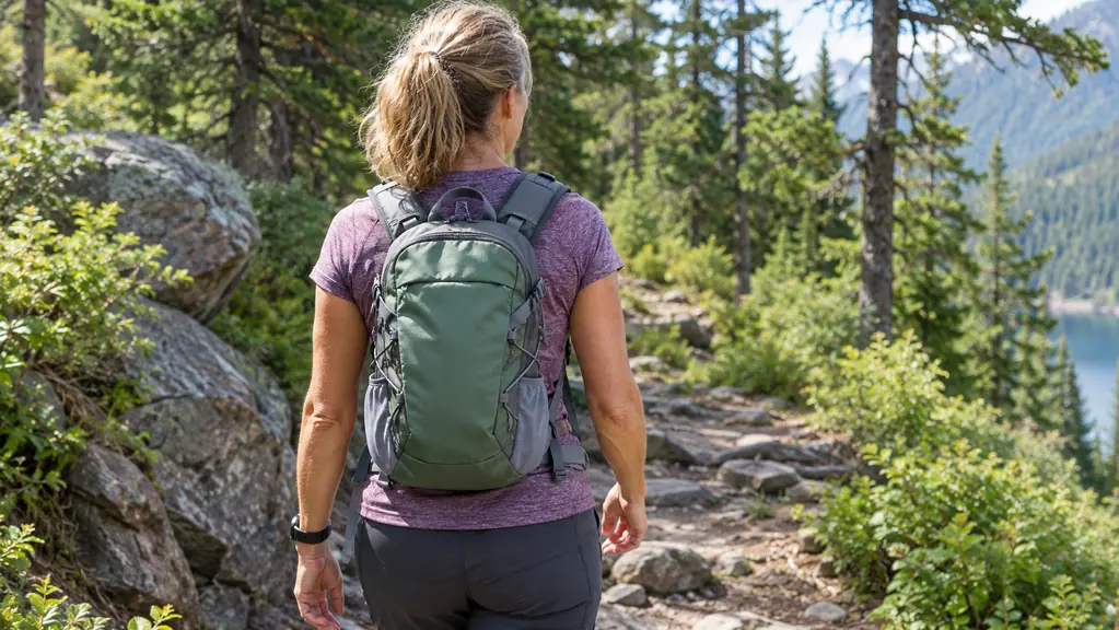 A hiker seen from behind wearing a small hiking backpack on a rocky forest trail