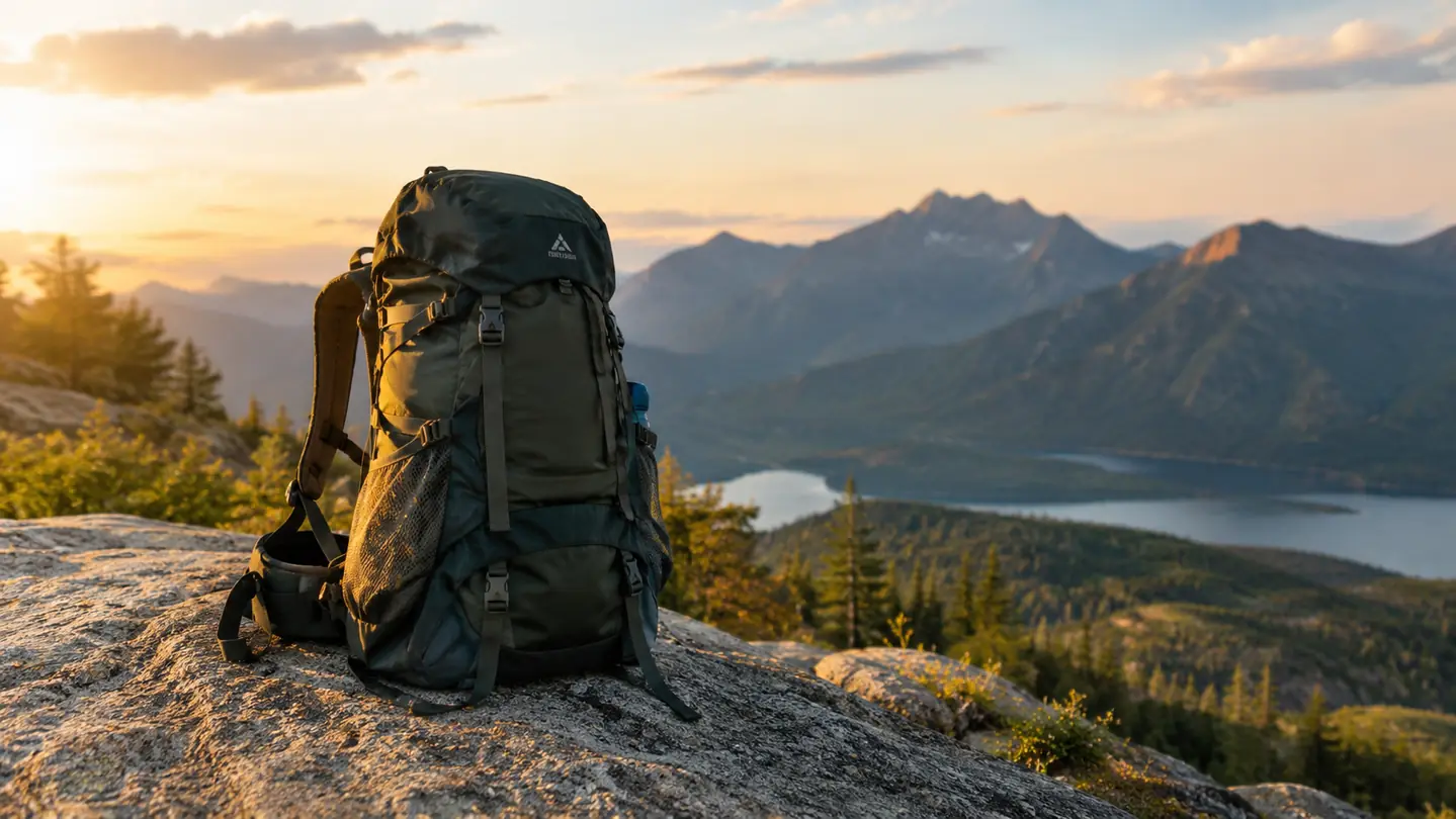 A hiking backpack resting on a granite overlook with a mountain vista behind it in late afternoon light