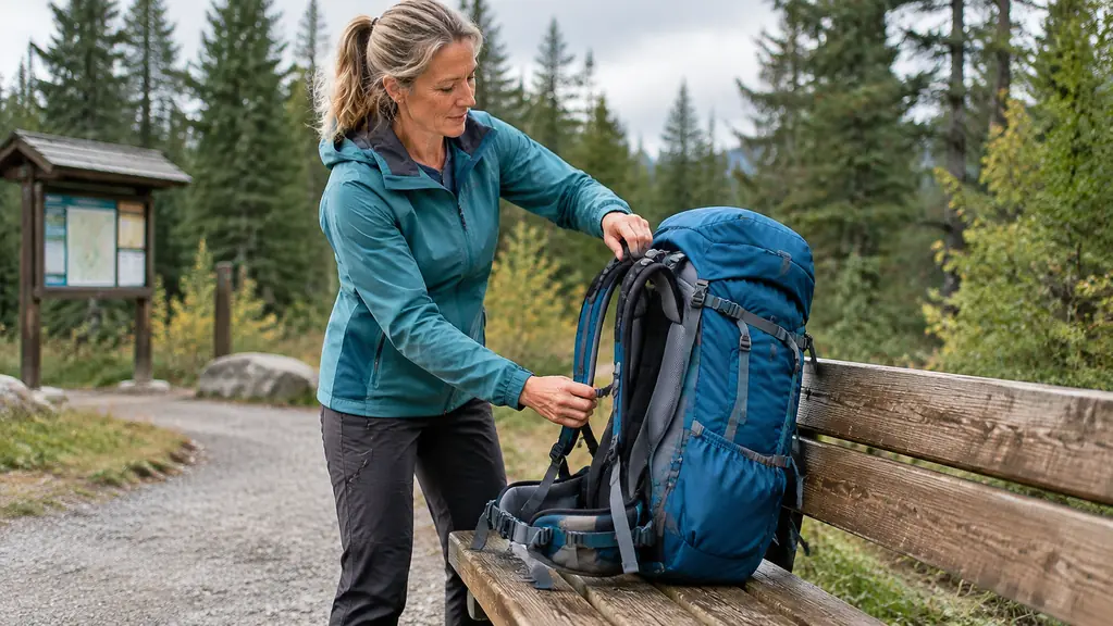 A hiker lifting a loaded backpack onto a wooden bench at a trailhead, adjusting the shoulder straps