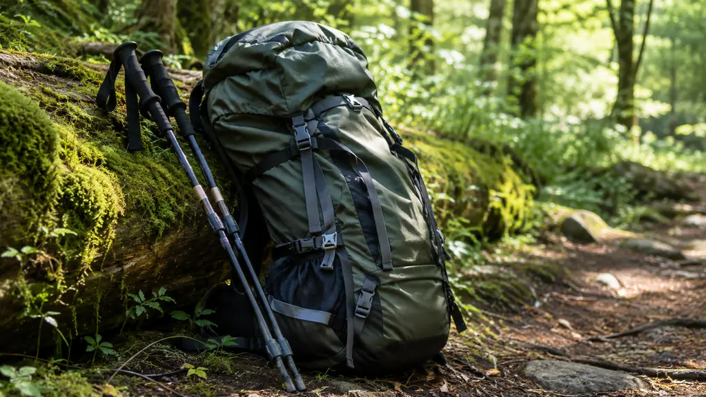 A large backpack leaning against a mossy log on a forest trail, with trekking poles beside it