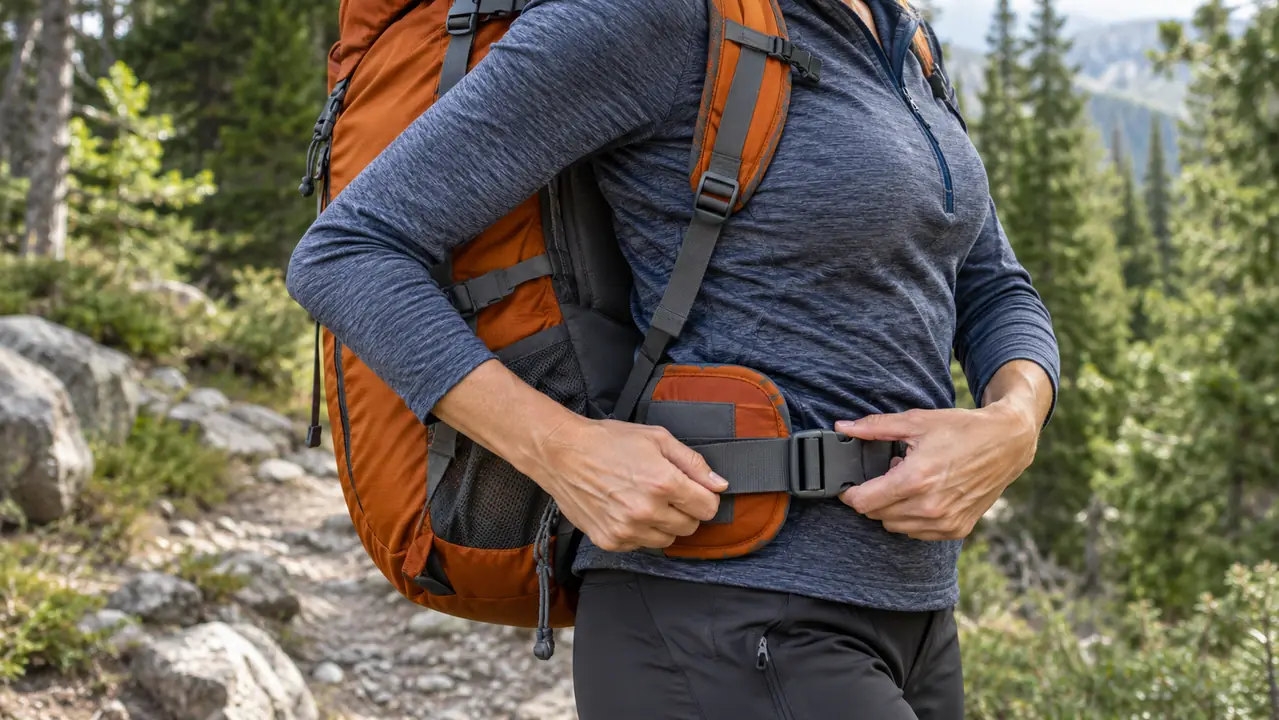 Close view of a hiker's hands cinching the hip belt of the backpack while standing on a rocky trail