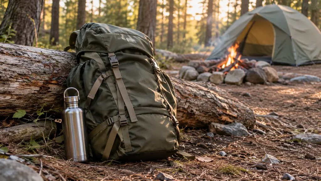 The backpack resting upright against a fallen log at a campsite, with a stainless steel water bottle beside it and a tent in the background