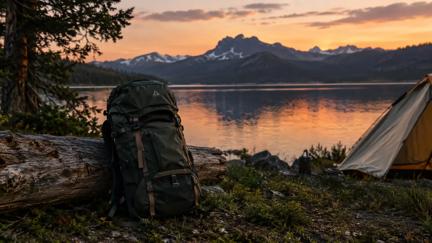 A backpack propped against a fallen log beside a mountain lake at dusk