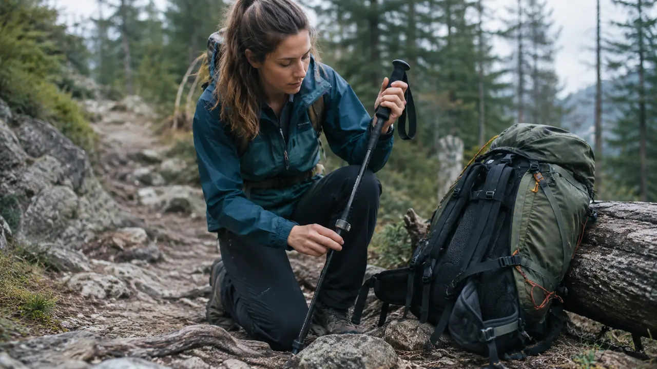A hiker kneeling beside a trail to adjust a trekking pole, with a loaded backpack resting upright against a fallen log